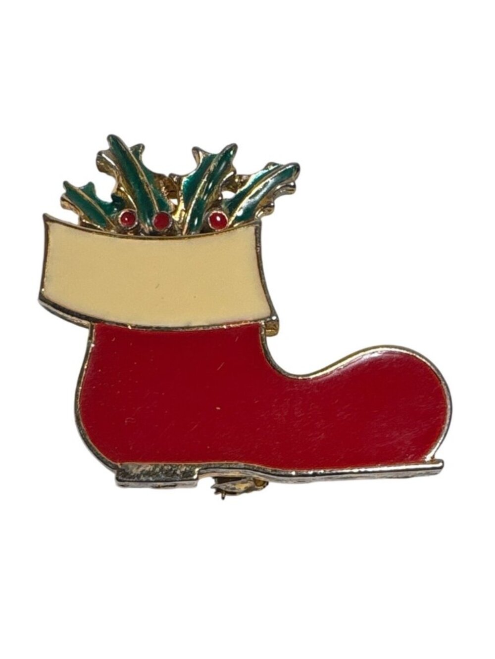 Vintage BJ Beatrix Red Enamel Christmas Stocking Brooch with Holly & Berries